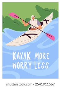 Cartel inspirador de canoa sobre el río. Diseño de tarjeta con kayak, superando olas en barco con remo. Persona flotando, remando en bote de remos. Deportes acuáticos extremos. Ilustración vectorial plana