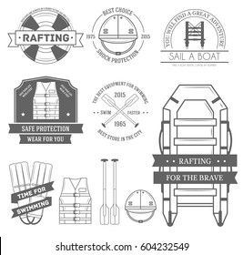 rafting set label template of emblem element for your product or design, web and mobile applications with text. Vector illustration with thin lines isolated icons on stamp symbol.