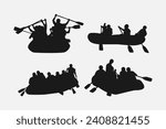 rafting silhouette collection set. hobby, leisure, whitewater river, sport concept. different actions, poses. monochrome vector illustration.