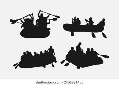 rafting silhouette collection set. hobby, leisure, whitewater river, sport concept. different actions, poses. monochrome vector illustration.