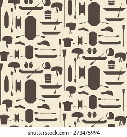 Rafting sport items silhouette icon set seamless texture. Oar and paddle rafts. Inflatable kayak.  Paddles and helmets. Whitewater rafting.  Editable and design suitable.