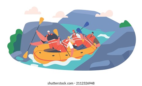 Rafting Sport, Sportsmen Rowing in Rubber Inflatable Boat Down the Rocky Mountain River. Wild Nature and Water Fun on Vacation. Tourists Company Extreme Activity. Cartoon People Vector Illustration