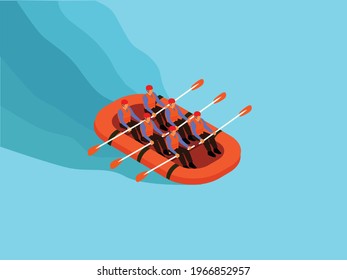 Rafting sports vector concept. Group of people wearing helmet and buoy while rafting on the river