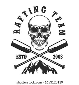 Rafting team. Emblem template with skull, crossed paddles and mountain. Design element for poster, card, banner, flyer, t shirt. Vector illustration