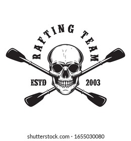 Rafting team. Emblem template with skull, crossed paddles and mountain. Design element for poster, card, banner, flyer, t shirt. Vector illustration