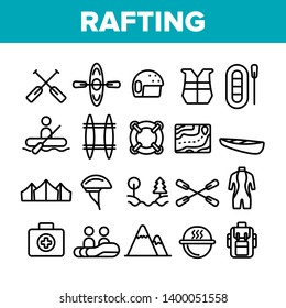 Rafting Trip, Sport Linear Vector Icons Set. Rafting, Kayaking Thin Line Contour Symbols Pack. Outdoor Activity, Adrenaline Chase Pictograms Collection. Extreme Summer Recreation Outline Illustrations