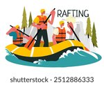 Rafting Vector Illustration featuring People Engaging in Water Sports on a Lake, Canoeing, Sitting in a Boat, and Holding Paddles in the Background