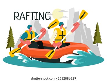 Ilustración vectorial de rafting con Personas que practican deportes acuáticos en un lago, piragüismo, sentarse en un bote y sostener remos remos en el fondo