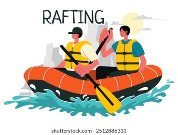 Ilustración vectorial de rafting con Personas que practican deportes acuáticos en un lago, piragüismo, sentarse en un bote y sostener remos remos en el fondo