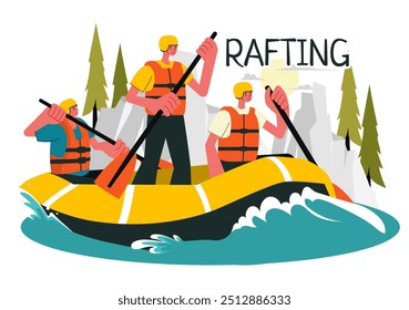 Ilustración vectorial de rafting con Personas que practican deportes acuáticos en un lago, piragüismo, sentarse en un bote y sostener remos remos en el fondo