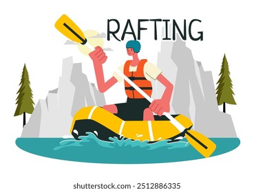 Ilustración vectorial de rafting con Personas que practican deportes acuáticos en un lago, piragüismo, sentarse en un bote y sostener remos remos en el fondo