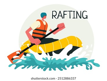 Ilustración vectorial de rafting con Personas que practican deportes acuáticos en un lago, piragüismo, sentarse en un bote y sostener remos remos en el fondo