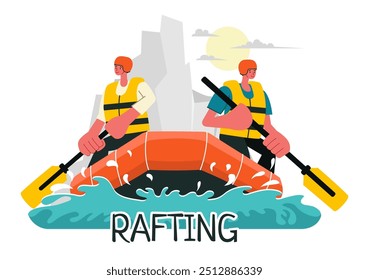 Ilustración vectorial de rafting con Personas que practican deportes acuáticos en un lago, piragüismo, sentarse en un bote y sostener remos remos en el fondo