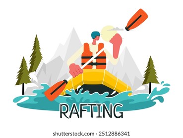 Ilustración vectorial de rafting con Personas que practican deportes acuáticos en un lago, piragüismo, sentarse en un bote y sostener remos remos en el fondo