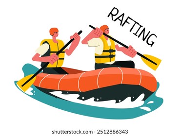 Rafting Vetor Illustration com pessoas que se envolvem em esportes aquáticos em um lago, canoagem, sentado em um barco e segurando aletas no fundo