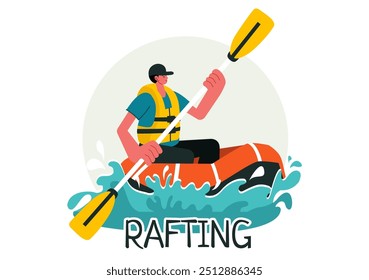 Rafting Vetor Illustration com pessoas que se envolvem em esportes aquáticos em um lago, canoagem, sentado em um barco e segurando aletas no fundo