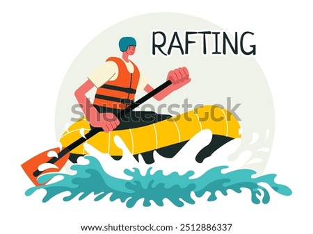 Rafting Vector Illustration featuring People Engaging in Water Sports on a Lake, Canoeing, Sitting in a Boat, and Holding Paddles in the Background