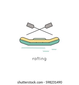 Rafting vector thin line icon. Inflatable boat with oars isolated symbol. Logo template, element for travel agency products, tour brochure, excursion banner. Simple mono linear modern design.