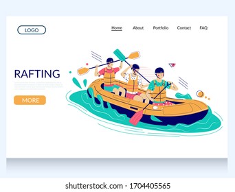 Rafting vector website template, landing page design for website and mobile site development. Rafting team paddling inflatable boat. Extreme water sport and tourism.