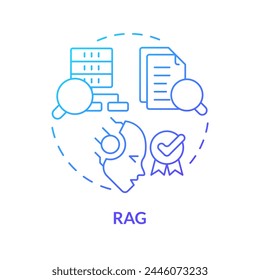 RAG blaues Farbverlaufskonzept-Symbol. KI-korrekte Content-Generierung. Maschinelles Lernen. Darstellung der runden Formlinie. Abstrakte Idee. Grafikdesign. Einfache Verwendung in Infografik, Präsentation