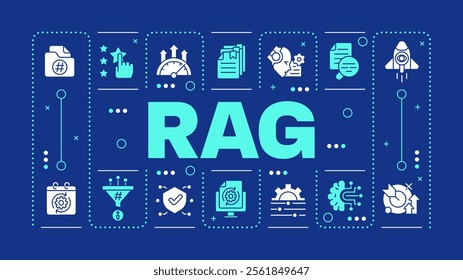 RAG dark blue word concept. Integrating generative AI in content making. Data processing technology. Visual communication. Vector art with lettering text, editable glyph icons