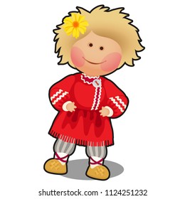 Rag doll in the form of a boy in Russian folk clothes isolated on white background. Vector cartoon close-up illustration.