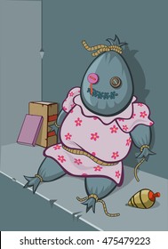 Rag doll on a self with books and a peg-top. Vector illustration