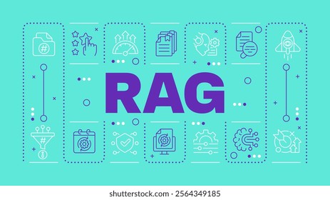 RAG green word concept. Integrating generative AI in content making. Data processing technology. Horizontal vector image. Headline text surrounded by editable outline icons