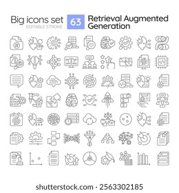 RAG linear icons set. Retrieval augmented generation in data processing. Content making AI instruments. Customizable thin line symbols. Isolated vector outline illustrations. Editable stroke