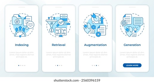 RAG process blue onboarding mobile app screen. Information walkthrough 4 steps editable graphic instructions with linear concepts. UI, UX, GUI template