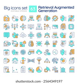 RAG RGB color icons set. Retrieval augmented generation in data processing. Content making AI tools. Isolated vector illustrations. Simple filled line drawings collection. Editable stroke