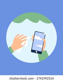 Rag and smartphone in vector. Vector icons with a recommendation to keep the phone clean. Prevention of bacteria and germs. Safety during a pandemic. Get rid of viruses. Coronavirus Covid 19 illustratation3