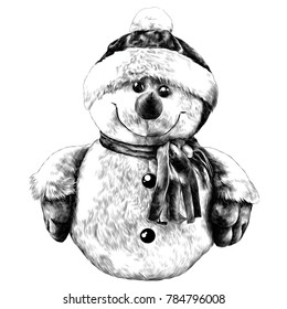 rag snowman hand-stitched in a cap and scarf sketch vector graphics monochrome drawing