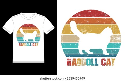 Ragdoll Cat Retro Antiguas Sunset Plantilla de diseño de camiseta, Ragdoll Cat en el Tablero, Etiqueta de la ventana del coche, POD, cubierta, fondo blanco aislado, regalo blanco de la silueta del gato para el amante del gato Ragdoll