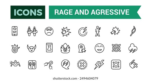 Rage and Agressive icons set. Outline icons pack. Editable vector line icon set and illustration for web and UI application.