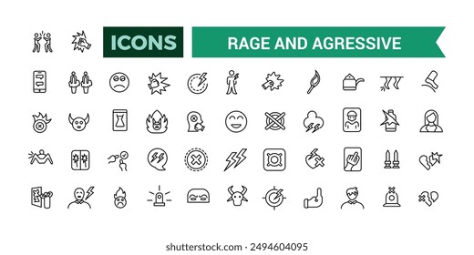 Rage and Agressive icons set. Outline icons pack. Editable vector line icon set and illustration for web and UI application.