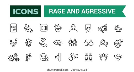 Rage and Agressive icons set. Outline icons pack. Editable vector line icon set and illustration for web and UI application.