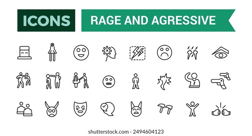 Wut und aggressive Symbole gesetzt. Paket mit Gliederungssymbolen. Editierbare Vektorgrafik-Zeilen-Symbolsatz und -Illustration für Web- und UI-Anwendung.