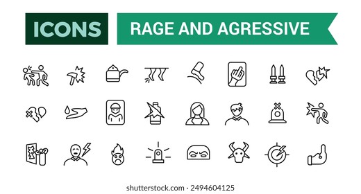 Rage and Agressive icons set. Outline icons pack. Editable vector line icon set and illustration for web and UI application.