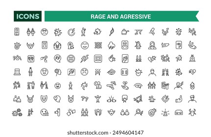 Rage and Agressive icons set. Outline icons pack. Editable vector line icon set and illustration for web and UI application.