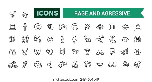 Rage and Agressive icons set. Outline icons pack. Editable vector line icon set and illustration for web and UI application.