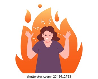 Rage girl. Furious crazy woman in fire outburst, angry scream puberty trouble mad yell teenager face profile anger expressing frustrated lady scream vector illustration of rage woman angry and face