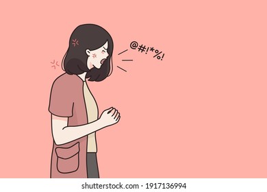 Rage, Hate, Aggression Concept. Screaming Crying Emotional Angry Woman Cartoon Character Standing And Shouting With Negative Emotions Over Pink Background Vector Illustration 