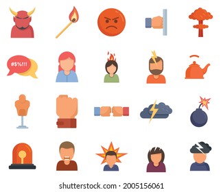 Rage icons set. Flat set of rage vector icons isolated on white background