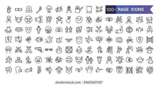 Rage icons set. Outline set of rage vector icons for ui design. Outline icon collection. Editable stroke.