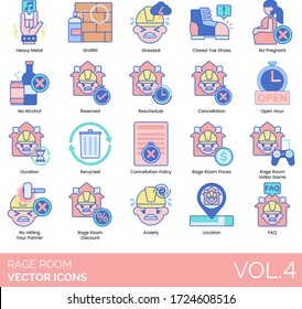 Rage room icons including heavy metal, graffiti, stressed, closed toe shoes, no pregnant, no alcohol, reserved, reschedule, open hour, duration, recycled, cancellation policy, price, video game, FAQ.