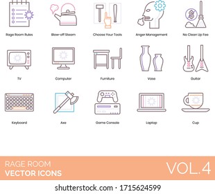 Rage room icons including rules, blow off steam, choose your tools, anger management, no cleanup fee, TV, computer, furniture, vase, guitar, keyboard, axe, game console, laptop, cup.
