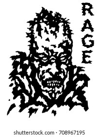 Rage zombie face poster. Isolated vector illustration. Black and white colors. Genre of horror.