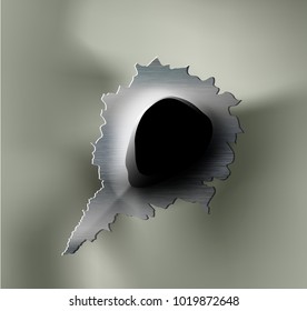 ragged bullet Hole torn in ripped metal on khaki background