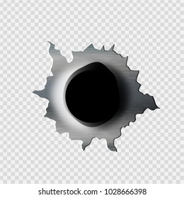 ragged bullet Hole torn in ripped metal on transparent background